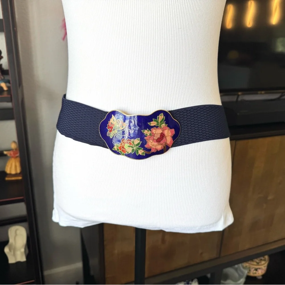 Vintage Cloisonné Floral Blue Stretchy Belt